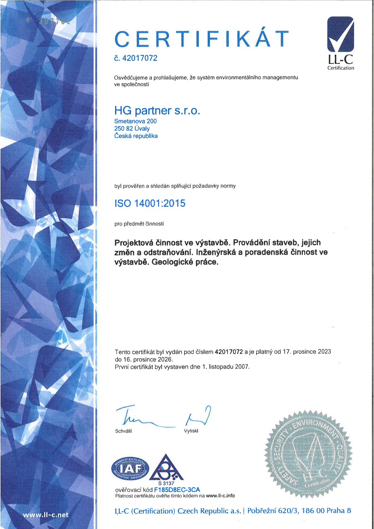 certifikat 14001 2015 HG partner